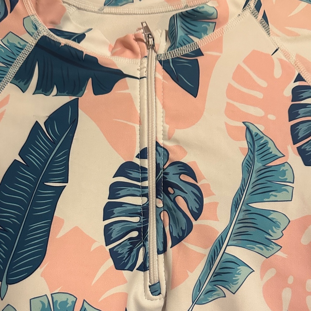 Women’s Long Sleeve Tropical Print Swim Top - Pink & Green - Picture 3 of 3